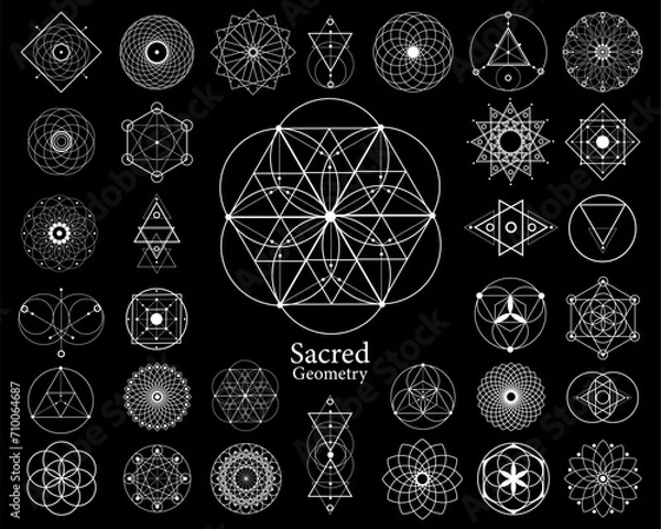 Fototapeta Sacred geometry vector design elements. Alchemy, religion, philosophy, spirituality, yantra hipster symbols and elements. Set collection, white tattoo signs isolated on black background 