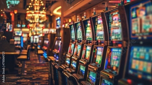Fototapeta Rows of Colorful gambling Slot Machines in a Casino Hall