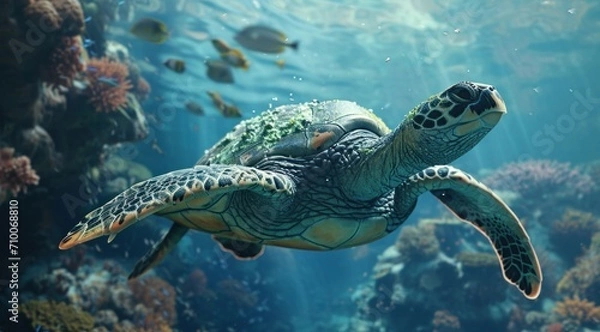 Fototapeta a turtle swimming in the ocean surrounded by coral reefs