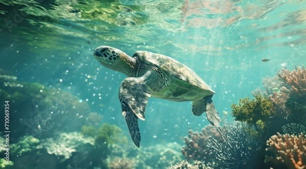 Fototapeta a turtle swimming in the ocean surrounded by coral reefs