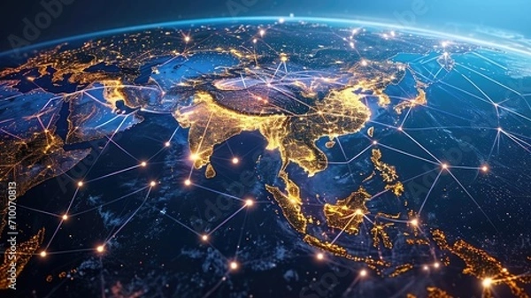 Fototapeta mobile network wires elegantly entwine the Asian countries, symbolizing connectivity and the global web of communication