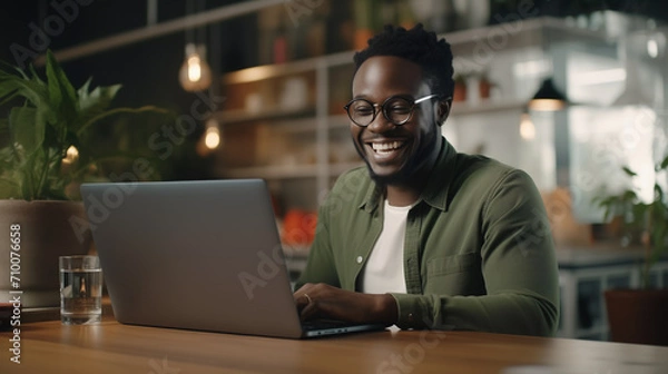 Fototapeta An enthusiastic black young man in a casual olive green shirt is captured laughing while using his laptop, likely reflecting a comfortable and modern co-working space