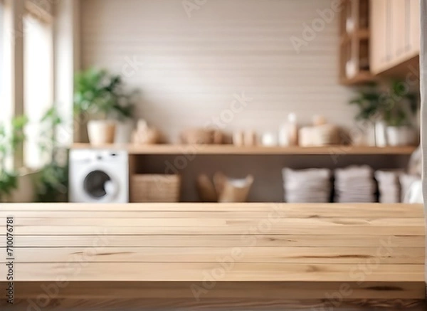 Fototapeta Balcão primeiro plano, em uma lavanderia com o fundo desfocado, perfeito para exibição de produtos