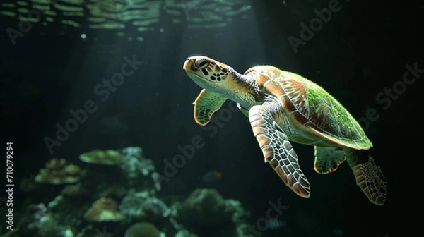 Fototapeta Large sea turtles swim among the coral reefs. Tropical paradise. Realism. Illustration. Endangered animals.