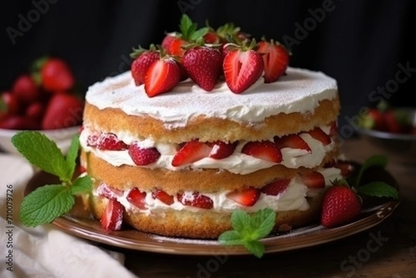 Obraz Strawberry Summer Cake with Cream Cheese and Fresh Strawberries