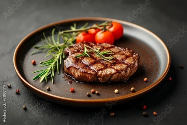 Obraz Juicy grilled beef steak with spices and rosemary on a ceramic plate on the black table