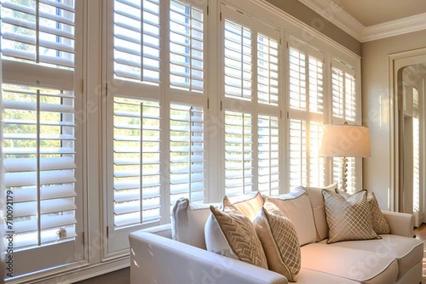Obraz Plantation shutters, classic and versatile window treatments, feature adjustable louvers mounted on a solid frame, providing an elegant and functional solution that allows for precise control of light