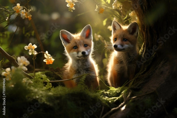 Fototapeta Curious fox cubs in a sunlit woodland
