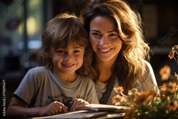 Fototapeta Mother supports son in school tasks with love., generative IA