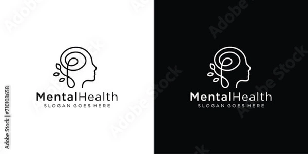 Obraz Creative Mental Health Logo. Head Human Mind with Leaf Tree Nature with Linear Outline Style. Therapy Psychology Logo Icon Symbol Vector Design Template.