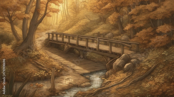 Fototapeta A cozy autumn forest landscape with a winding path covered in fallen leaves