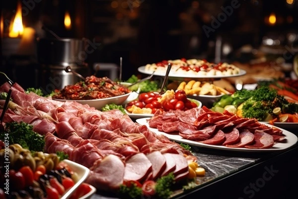 Fototapeta Catering buffet in a restaurant, festive catering, a variety of dishes in containers on the table