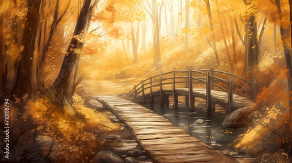 Fototapeta A cozy autumn forest landscape with a winding path covered in fallen leaves, sunlight streaming through the colorful canopy, a small wooden bridge over a babbling brook, capturing the charm 