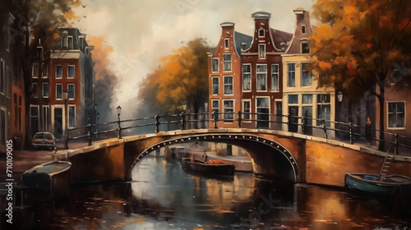Fototapeta A historic canal scene in Amsterdam, Netherlands, picturesque bridges, traditional Dutch architecture, and boats drifting along the water