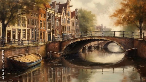 Fototapeta A historic canal scene in Amsterdam, Netherlands, picturesque bridges, traditional Dutch architecture, and boats drifting along the water, conveying the charming and timeless atmosphere of the city