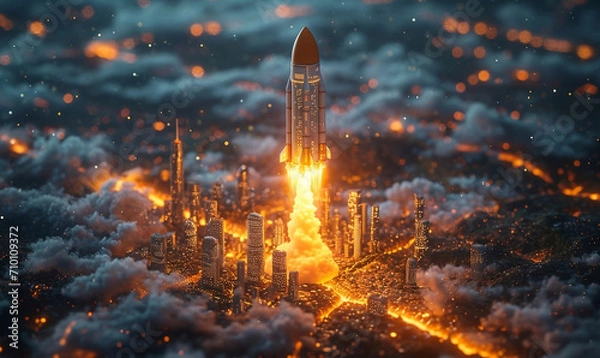 Fototapeta Blasting Off to Dreams: A Colorful Space Rocket Launch, A Whimsical Illustration for Children About Chasing Dreams