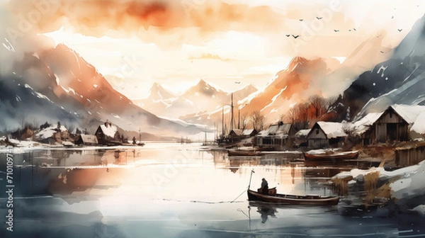 Fototapeta A serene Scandinavian fjord landscape at sunset, snow-capped mountains reflecting in the calm waters, traditional fishing boats in the foreground, capturing the tranquil beauty of the Nordic region