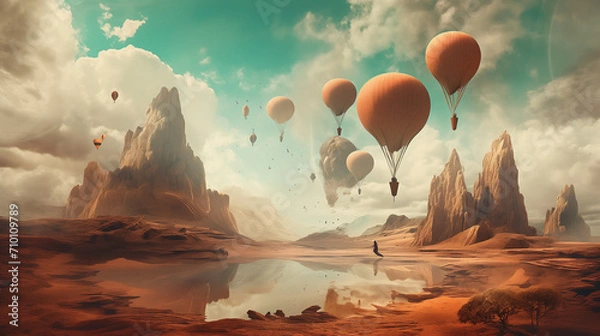 Fototapeta A surreal desert landscape with floating islands suspended in the sky, exotic creatures gliding between them, a surreal celestial backdrop, conveying a sense of otherworldly beauty and mystery