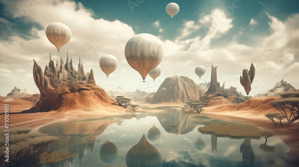 Fototapeta 
A surreal desert landscape with floating islands suspended in the sky, exotic creatures gliding between them, a surreal celestial backdrop,