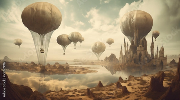 Fototapeta 
A surreal desert landscape with floating islands suspended in the sky, exotic creatures gliding between them,