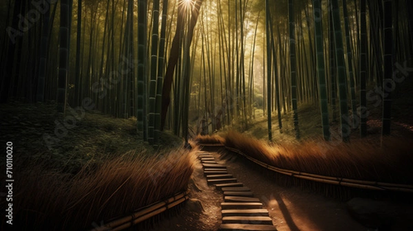 Fototapeta A tranquil bamboo forest landscape in Kyoto, Japan, sunlight filtering through the tall bamboo stalks, a serene pathway leading to a hidden shrine, capturing the Zen beauty of Japanese nature