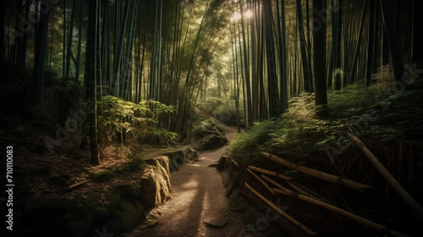 Fototapeta A tranquil bamboo forest landscape in Kyoto, Japan, sunlight filtering through the tall bamboo stalks, a serene pathway leading to a hidden shrine