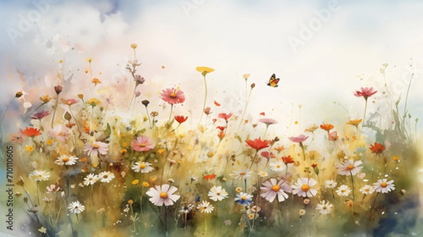 Fototapeta A vibrant spring meadow landscape with wildflowers in full bloom, a clear blue sky overhead, butterflies and bees pollinating the blossoms, capturing the freshness and vitality of the season