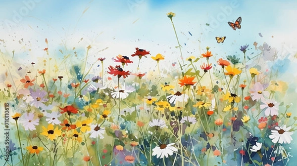 Fototapeta A vibrant spring meadow landscape with wildflowers in full bloom, a clear blue sky overhead