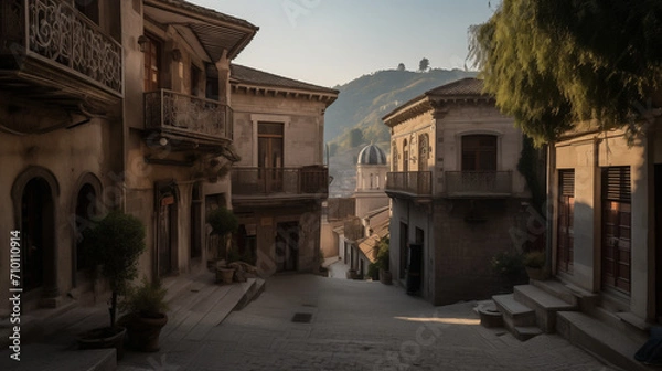 Fototapeta 
An ancient cityscape nestled in the mountains, stone buildings with intricate carvings, narrow winding streets