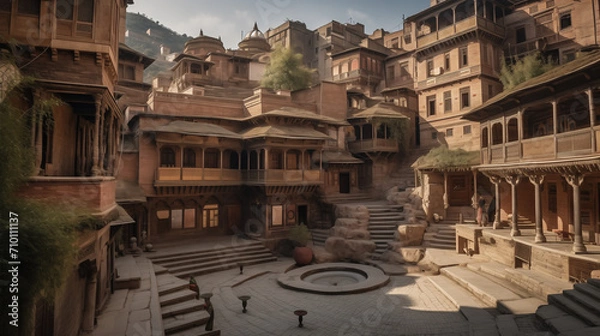 Fototapeta An ancient cityscape nestled in the mountains, stone buildings