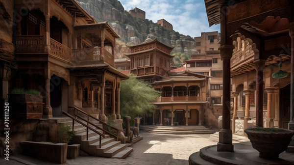 Fototapeta An ancient cityscape nestled in the mountains, stone buildings with intricate carvings