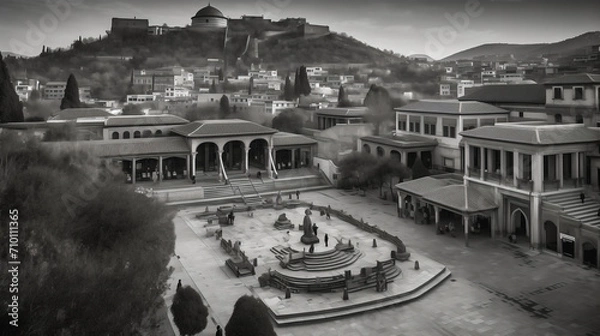 Fototapeta An ancient cityscape nestled in the mountains, stone buildings with intricate carvings, narrow winding streets, a central plaza with a grand fountain