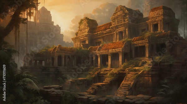Fototapeta An ancient temple complex in Angkor Wat, Cambodia, intricate stone carvings and lush vegetation