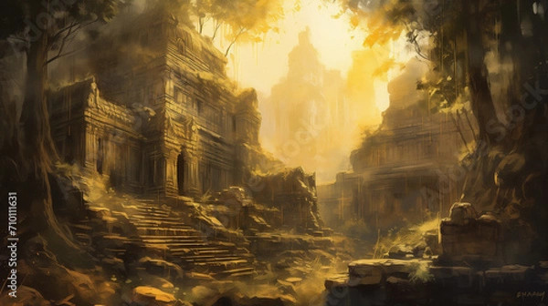 Fototapeta 
An ancient temple complex in Angkor Wat, Cambodia, intricate stone carvings and lush vegetation, the warm golden light of sunrise casting a mystical ambiance