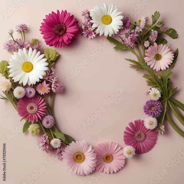Fototapeta Flowers composition. Frame made of colorful flowers on pink background. Flat lay, top view, copy space