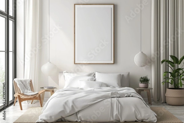 Fototapeta Minimalist bedroom interior with an empty frame mockup ready for art, complemented by a tranquil, natural decor