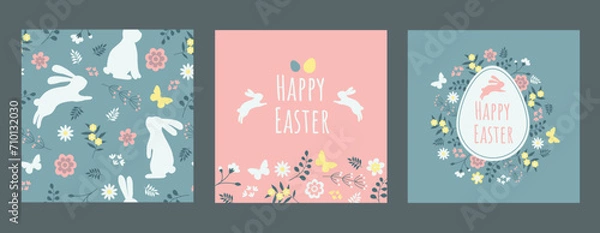 Fototapeta Colorful set of Easter greeting cards and seamless backgrounds with leaves, flowers, rabbits and butterflies