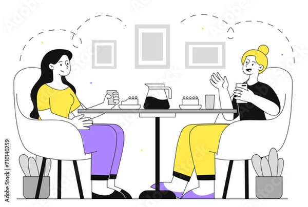 Fototapeta Friends drinking tea indoor vector linear