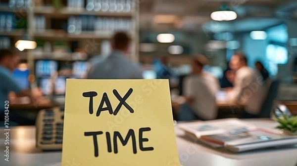 Fototapeta Close-up photo of a "TAX TIME" sticky note on a desk in a busy office room, with people working in the background generative ai