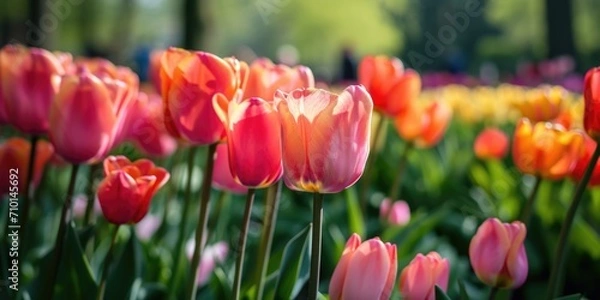 Obraz A vibrant field of pink and orange tulips, illuminated by the sun. Ideal for springtime or nature-themed designs