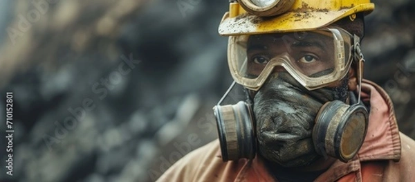 Fototapeta A coal mine worker, of African descent, wears coveralls, a hard hat, and dons a face mask after a long day at work.