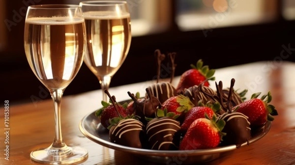 Fototapeta A glass of sparkling wine and chocolate-covered strawberries. Concept: Romantic appetizer for a date. Fruits covered with cocoa and multi-colored glaze.

