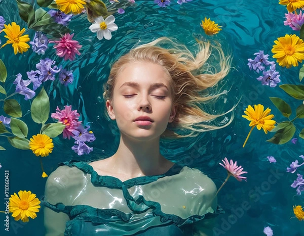 Fototapeta A young blond woman floating and relaxing in water surrounded by colorful spring flowers. Concept of serenity, inner peace, meditation, florals and spring.