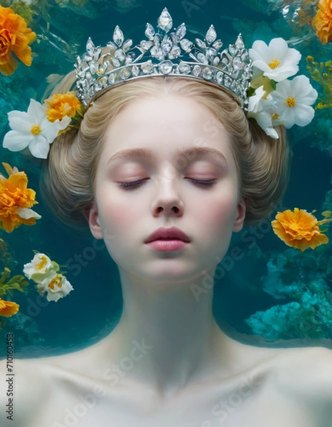 Fototapeta A young blond woman wearing a crown floating in water, surrounded by flowers.  A princess with blond hair relaxing in a pond. Concept of peace, relaxation, serenity, and spring.