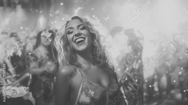 Obraz Young woman Gen Z having fun dancing at nightclub Black and white Photo bubble party created with generative AI