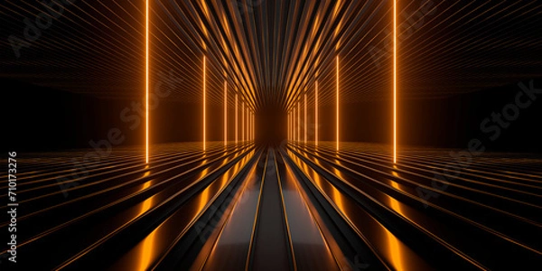 Fototapeta Sci Fi neon glowing lines in a dark tunnel. Reflections on the floor and ceiling. Empty background in the center. 3d rendering image. Abstract glowing lines. Technology futuristic background.