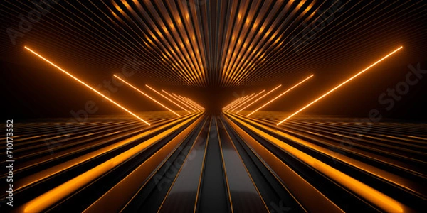 Obraz Sci Fi neon glowing lines in a dark tunnel. Reflections on the floor and ceiling. Empty background in the center. 3d rendering image. Abstract glowing lines. Technology futuristic background.