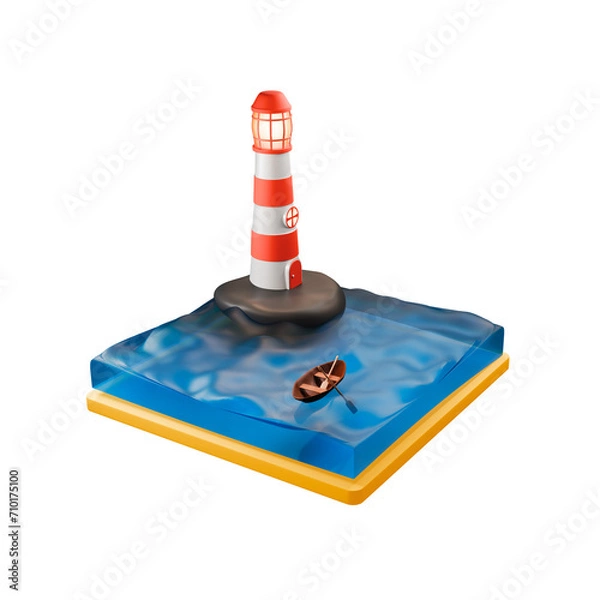 Fototapeta Miniature lighthouse on a stone in the blue sea with a boat, 3D render.