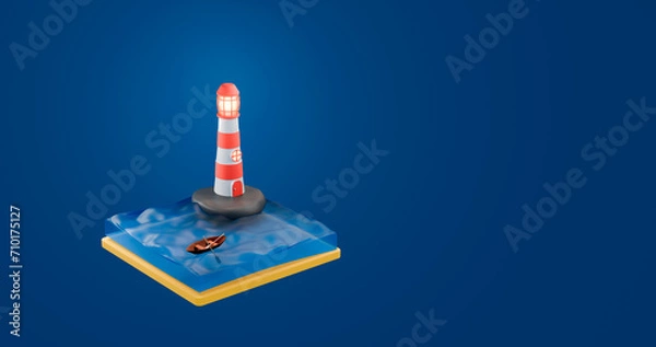 Fototapeta Miniature lighthouse on a stone in the blue sea with a boat, 3D render.