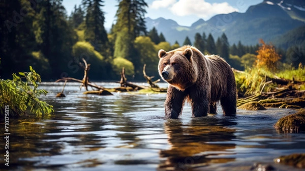 Fototapeta Grizzly bear on the shore of a river in the Altai mountains